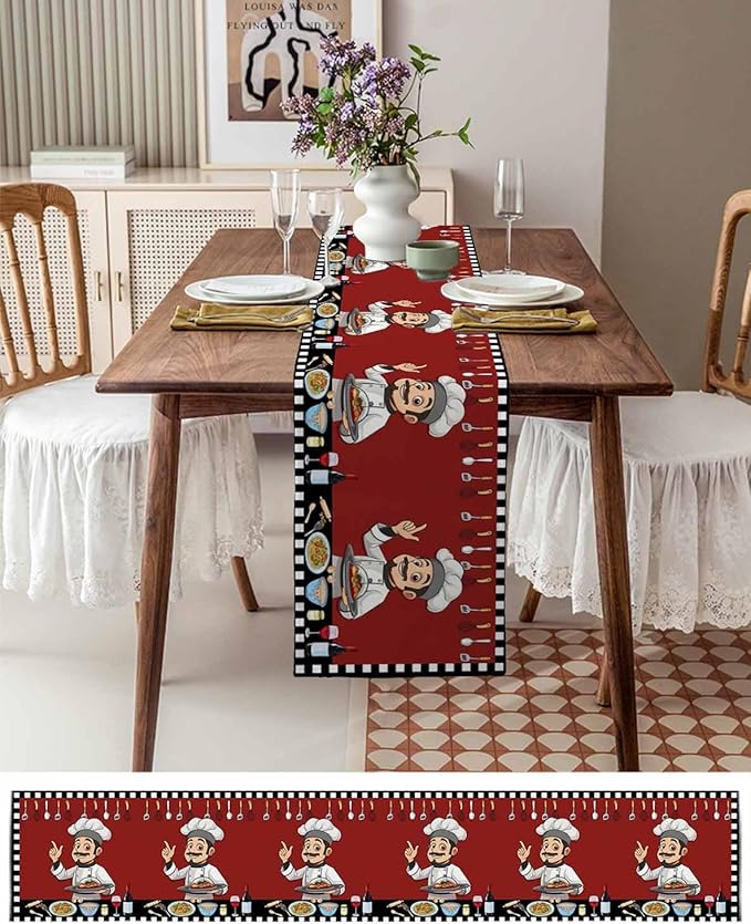 Red Chef Gourmet Cotton Linen Table Runner for Dining Kitchen, Wedding Outdoor Party Tablerunners Decoration, Black White Check Plaid Funny Kitchen Dresser Scarf Coffee Tablecloth Runners 13''x120''