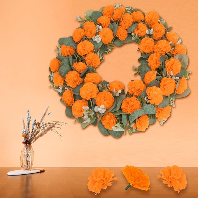 30 Pcs Artificial Marigold Flowers,2" Silk Marigold Flower Heads with Stems,Orange Flowers Artificial for Diwali Decor,Indian Wedding,Home,DIY Wreath Garland,Day of The Dead Decorations
