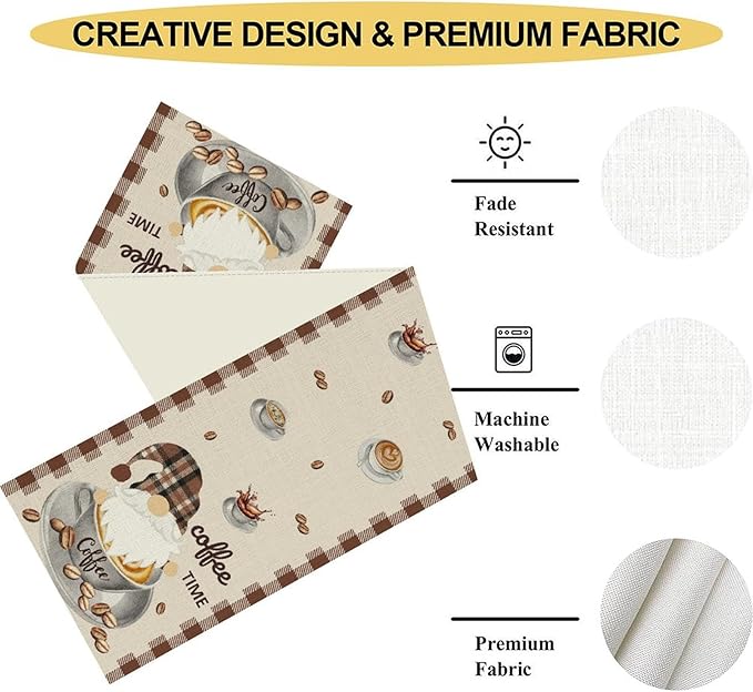 Coffee Time Table Runner, Farmhouse Retro Gnome Coffee Cup Tea Party Cafe Table Center Decor for Home Kitchen Dining Patio Holiday Party Indoor Outdoor Table Decorations,13"x108" Inch