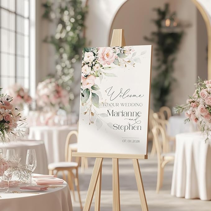 Personalized Wedding Welcome Sign, Blush Pink Floral Wedding Sign Signage 12" X 18" (Small), 27" (Medium), 36" (Large), Plastic, Modern, Pole Mount, Weather