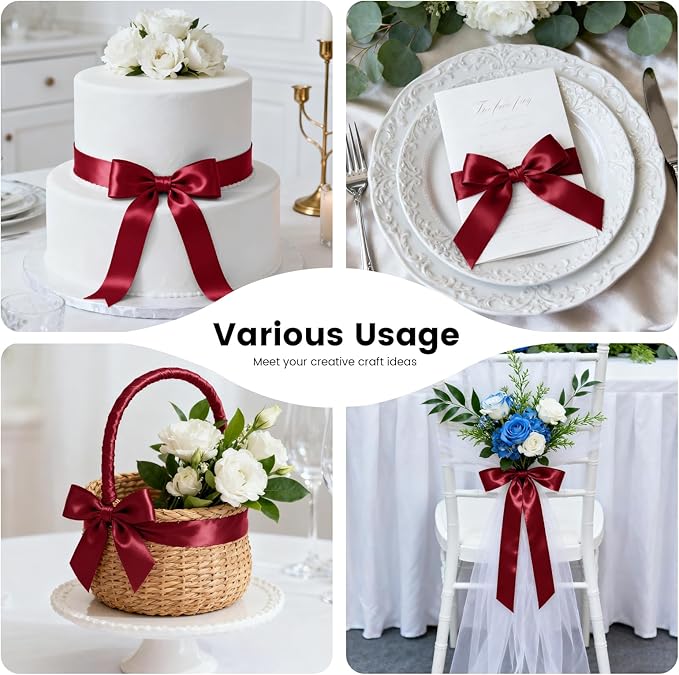 1-1/2 Inch 100 Yards Satin Ribbon Wine Red, Solid Color Fabric Ribbon for Gift Wrapping, Wedding, Polyester Gift Ribbon for Birthday Party Decoration, Craft, Hair, Floral, Sewing