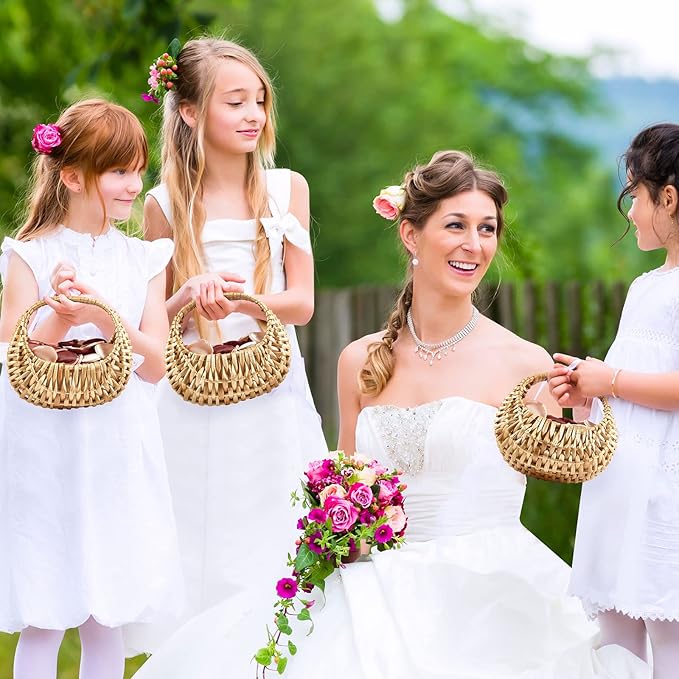 Taiyin 6 Pack Rattan Flower Girl Basket Small Half Moon Straw Wicker Basket with Handle Ideal for Wedding Flower Girl,Picnic,Garden Storage and Home Decor (Nature)