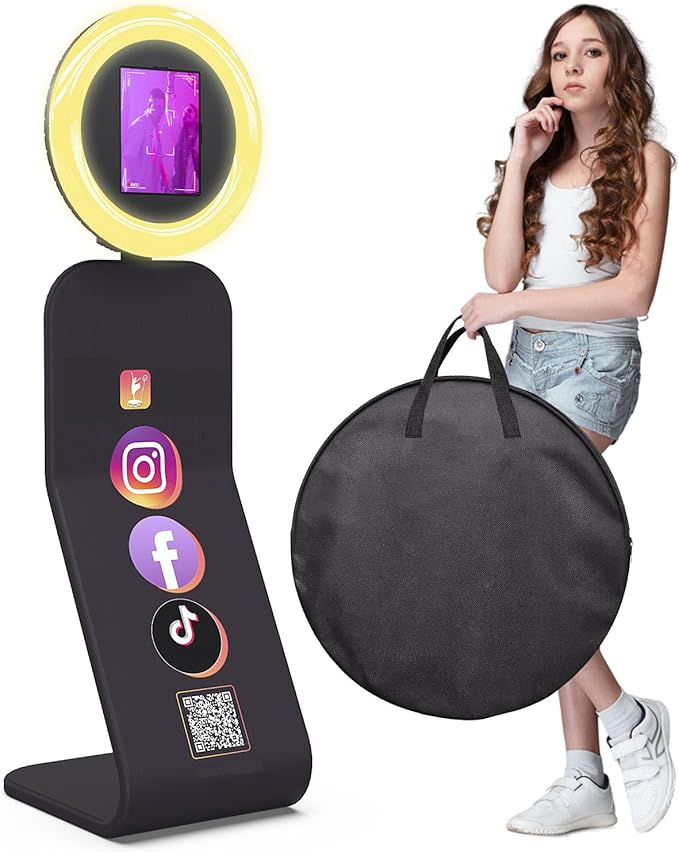 MWE Portable Photo Booth Stand Compatible with Any iPad Photo Booth with Software APP and Remote Control, RGB Ring Lights Music Sync,Logo Customization (Black, Large Box-Honeycomb Box)