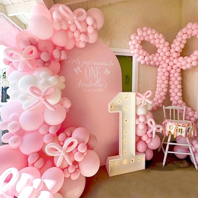 Pink Bow Balloons Garland Arch Kit,180Pcs Pink and White Balloons with Clear Balloon Wrap Bows for Wedding Bachelorette Baby Shower Coquette Birthday Party Decorations