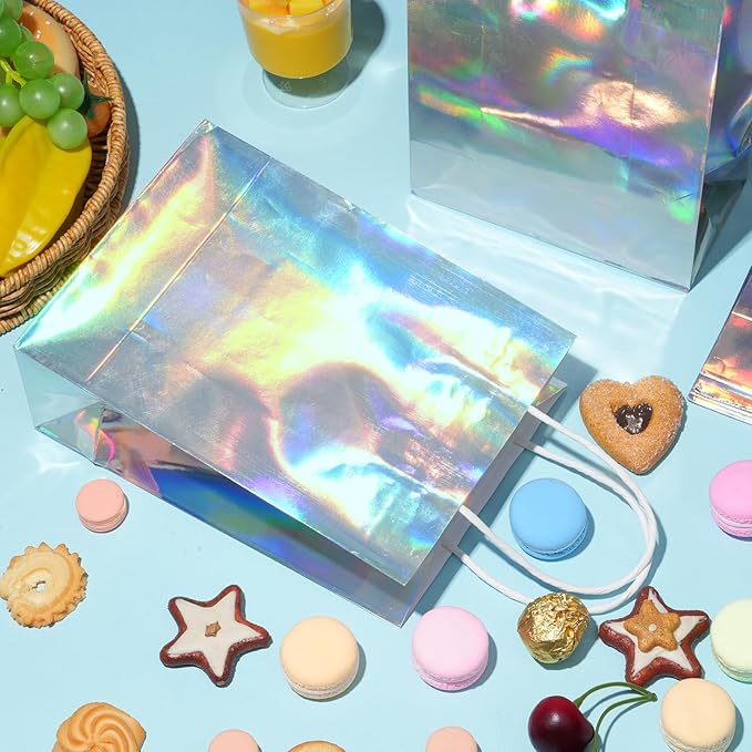 24 Pcs Iridescent Gift Bags Decorations, Holographic Foil Party Favor Bags with Handles, Glitter Paper Candy Goodie Bag with 24 Tissue Paper for Graduation Birthday Baby Shower Party Supplies