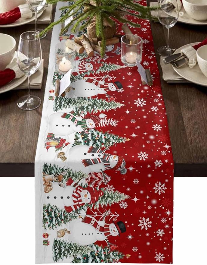 Christmas Snowman Cotton Linen Table Runner for Dining Kitchen, Xmas Tree White Snowflakes Winter Wedding Outdoor Party Tablerunners Decoration, Dresser Scarf Coffee Tablecloth Runners 13x70 Inches
