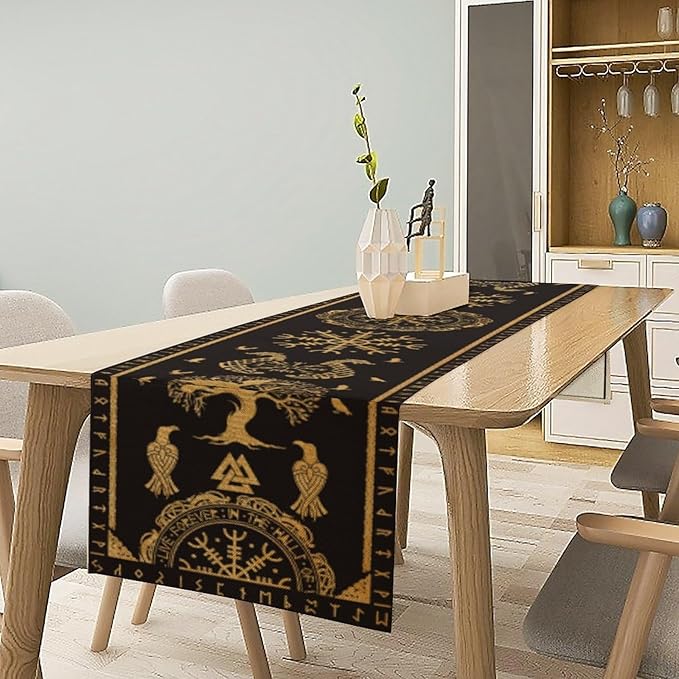 Viking Tree of Life Abstract Table Runner for Living Room Home Party Coffee Dining Party Wedding Golden Black Celtic Style Geometric Dragon Boat Rudder Ancient Script Table Runner 13x36 Inch