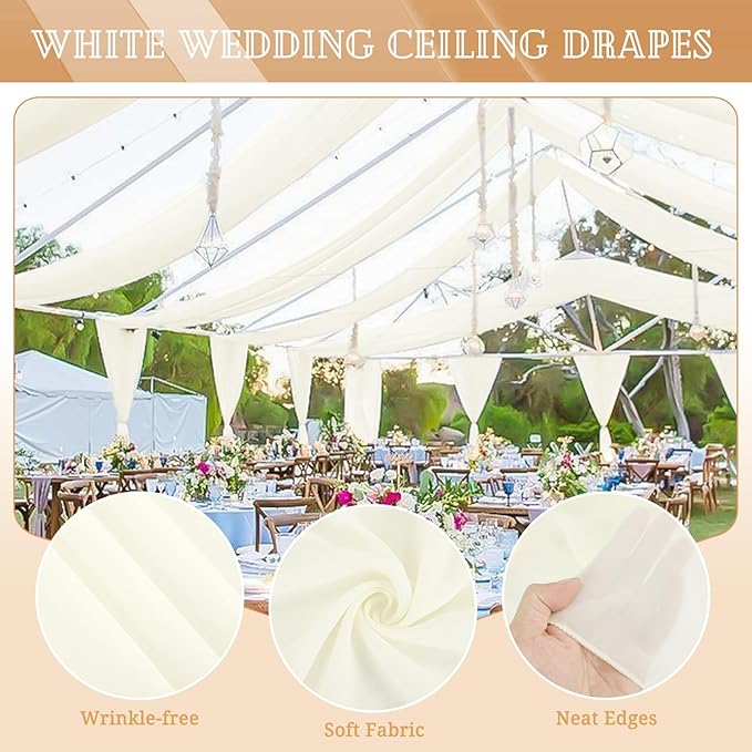 4 Panels Ivory Ceiling Drapes for Wedding 5ftx40ft Sheer Drapery Chiffon Fabric Arch Draping Curtains for Party Ceremony Birthday Baby Shower Reception Stage Ceiling Decorations