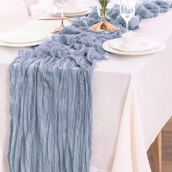 10-Pack Dusty BlueCheesecloth Table Runners – 10FT (35x120 Inch) Boho Rustic Gauze Fabric Cheese Cloth Table Runner for Weddings, Baby Showers, Bridal Shower, Farmhouse & Birthday Party Decor