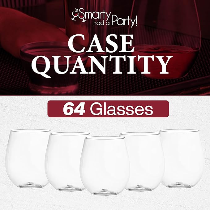 Smarty Had A Party 12 oz Clear Plastic Stemless Wine Glasses (64 Pieces) – Classy Disposable Stemless Cups, Unbreakable Drinkware – Plastic Spritz Glasses for Weddings & Parties; Wine Party Supplies