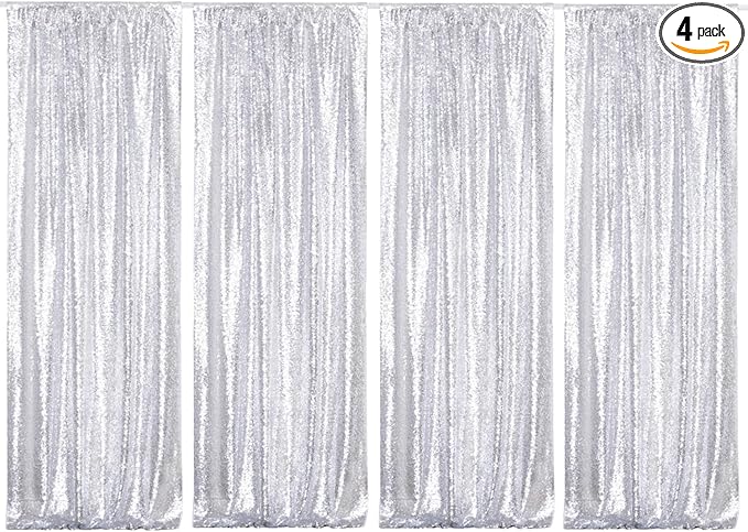 Poise3EHome Silver Sequin Backdrop Curtains,4 Panels 2FTx8FT Glitter Background for Party Birthday Party Baby Shower Wedding Christmas Thanksgiving Halloween Holiday Festival Decor