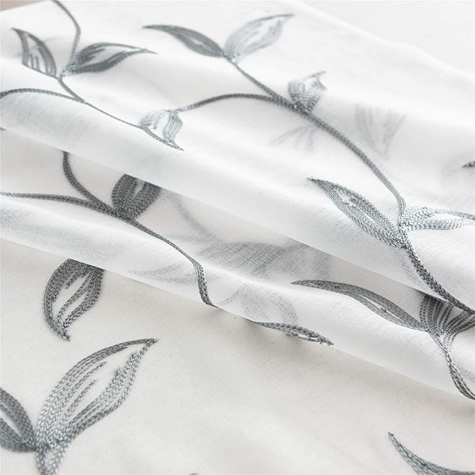 VISIONTEX Sheer Curtains 84 Inch Length 2 Panels, Decor Iron Grey Vine Leaves Embroidery on White Voile Pair, Accent Semi Window Drapes for Kitchen, Living Room and Bedroom, 54" W x 84" L