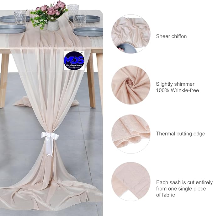 MDS 25 Pack 10ft Chiffon Table Runner 29 x 120 Inches Sheer Wedding Runner Romantic Rustic Table Runner for Wedding Decorations, Birthday Parties, Bridal Shower Party Arch Decor - Nude