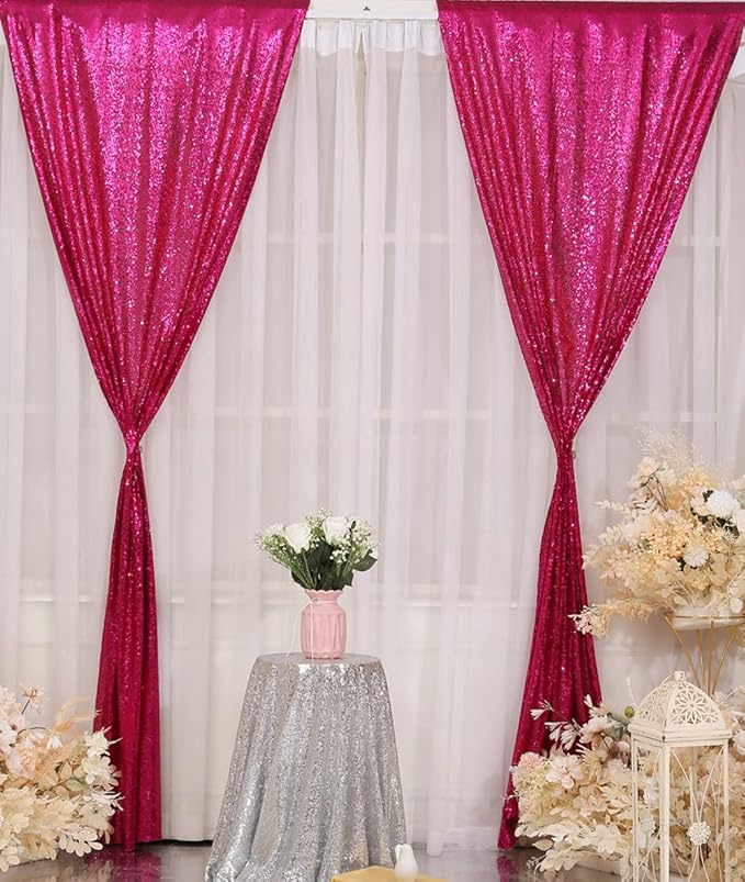 Poise3EHome Hot Pink Sequin Backdrop Curtain, 2 Panels Hot Pink Sequin Backdrop, 2FTx8FT Sequin Curtains for Party Wedding Sequence Backdrop