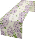 Watercolor Hydrangea Flower Table Runner, Spring Summer Seasonal Plants Butterfly Pink Lavender Dinner Runner for Home Kitchen Dining Table Party Holiday Decoration 13"x90"