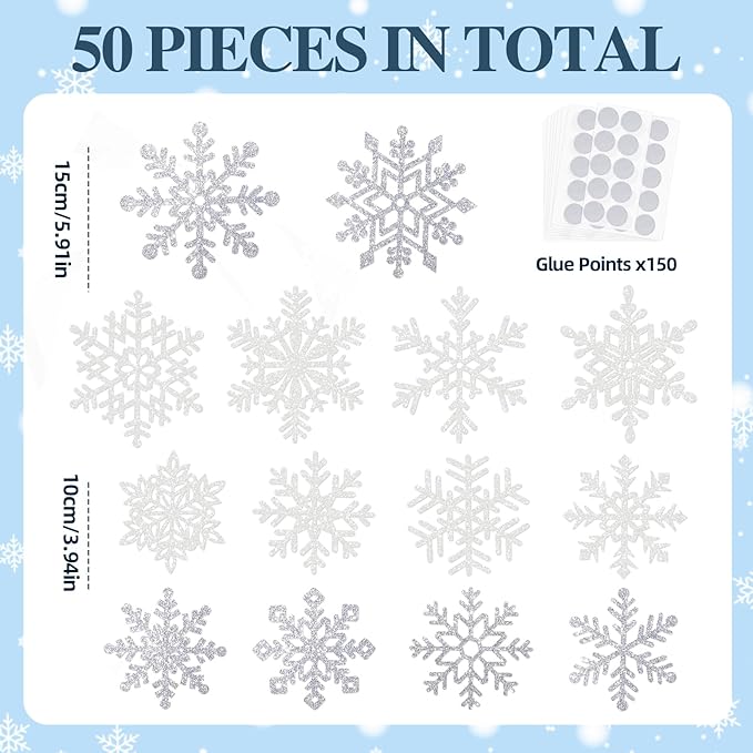 Winter Snowflake Cutouts - Glitter Paper Snowflake Decorations - 50Pcs White & Silver Double-Side Christmas Cutouts for Holiday Winter Wonderland Bulletin Board, Frozen Party Decor