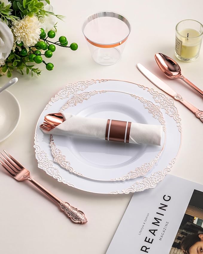 Goodluck 350 Piece Rose Gold Plastic Dinnerware Set for 50 Guests,Fancy Disposable Plates,Include: 100 Rose Gold Rim Plastic Plates,150 Silverwares,50 Pre Rolled Napkins,50 Cups for Party,Wedding