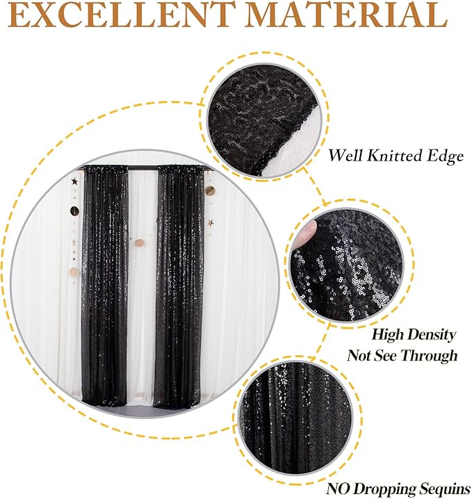 ShinyBeauty Black Backdrops 2 Pieces Sequin Curtains 4FTx7FT Photoshoot Background Glitter Backdrop Curtain Panels Shimmer Backgrounds for Wedding,Halloween,Party,Studio Decor(8FTx7FT)