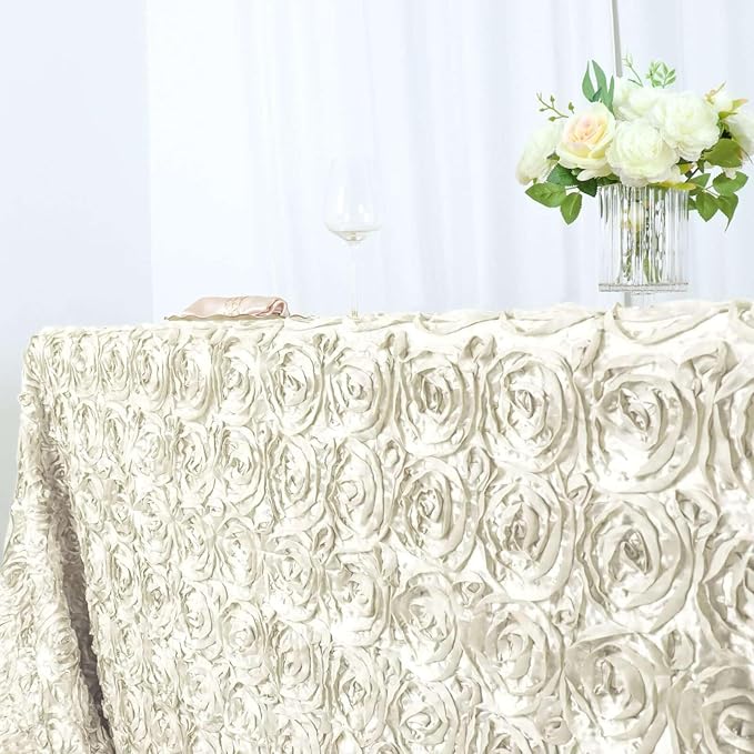 Efavormart 90"x156" Wholesale Rectangle Table Cover Ivory Grandiose Rosette 3D Satin Tablecloth for Wedding Party Event Decoration