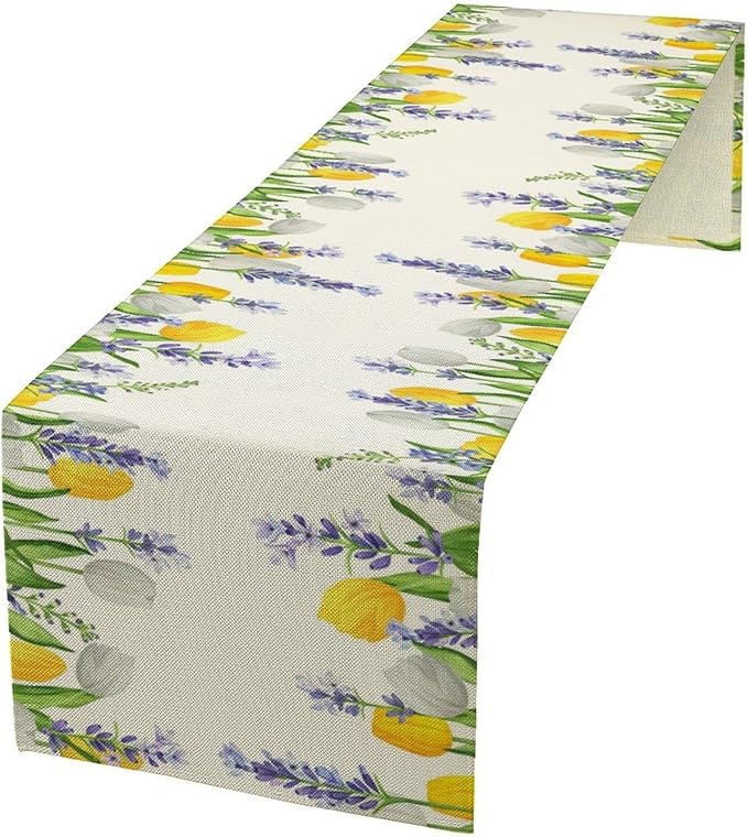 Floral Tulip Lavender Table Runner, Spring Watercolor Flower Plants Nature Butterfly Table Runner for Kitchen Dinner Living Room Home Party, 13x60 Inch
