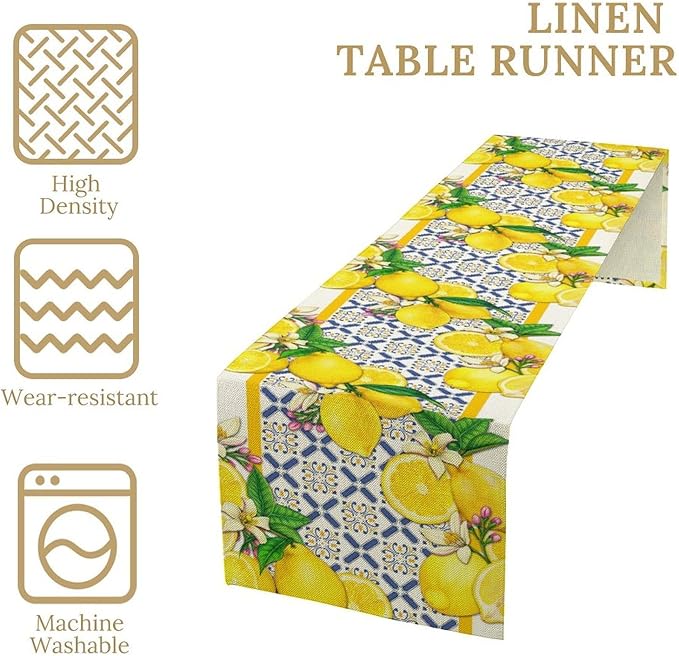 Lemon Table Runner,Spring Summer Seasonal Yellow Blue Table Runner for Kitchen Dining Table Home Party Decoration 13x90 Inch