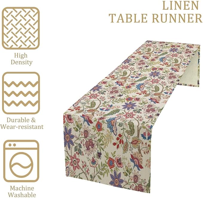 Spring Floral Table Runner, Boho Floral Pattern Natural Plant Table Decoration for Home Kitchen Restaurant Holiday Party,13in（33cm） W * 120in（305cm） L
