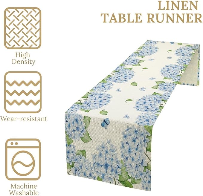 Watercolor Hydrangea Flower Table Runner, Spring Summer Seasonal Plants Butterfly Blue Dinner Runner for Home Kitchen Dining Table Party Holiday Decoration 13"x108"