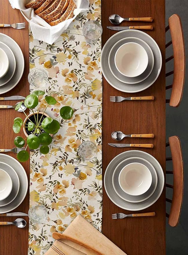 Vintage Orange Flower Cotton Linen Table Runner for Dining Kitchen, Wedding Outdoor Party Tablerunners Decoration, Farmhouse Botanical Floral Retro Dresser Scarf Coffee Tablecloth Runners 13''x120''