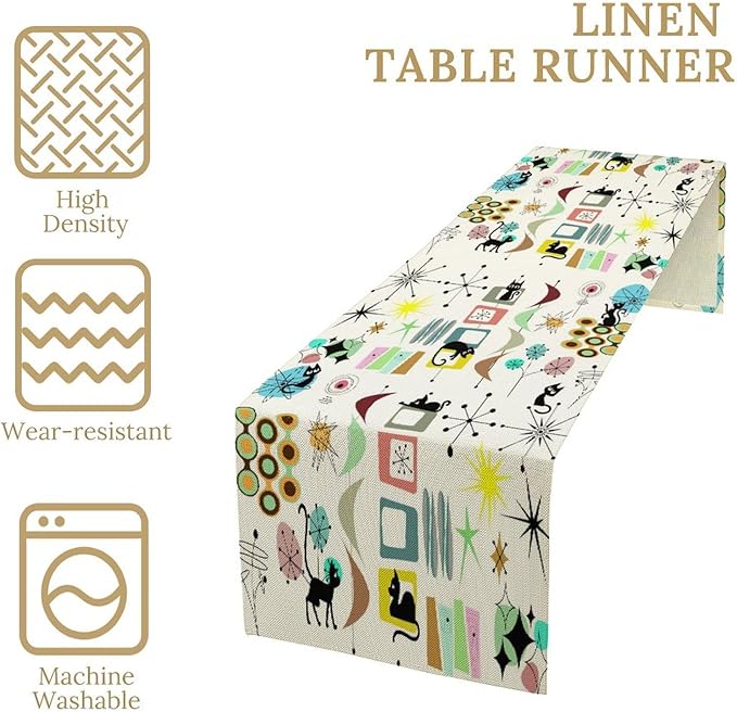 Colorful Geometric Table Runner,Vintage Mid Century Cute Cat Abstract Morden Print Tablecloth Burlap for Hotel Indoors Outdoor Dining Room Kitchen Home Decor, 13x36in