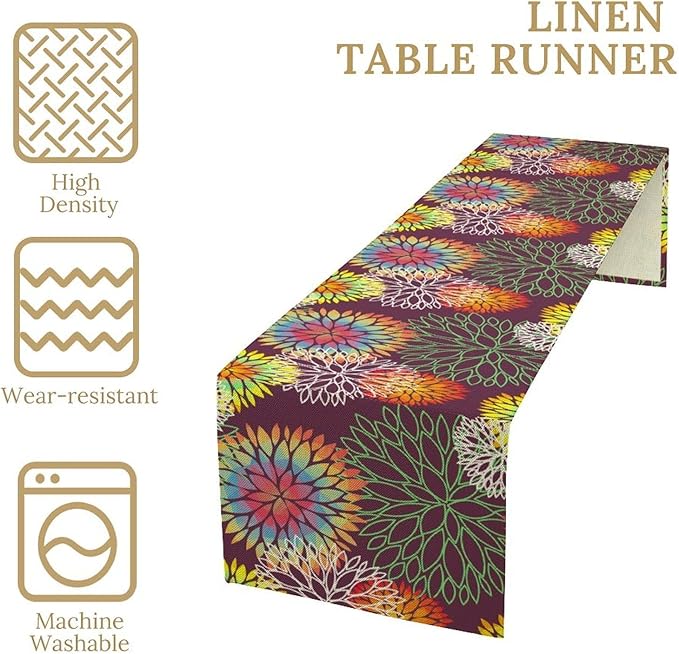 Brown Dahlia Flower Table Runner, Linen Geometric Pattern Floral Table Decor Spring Farmhouse Decorations for Kitchen Dining Holiday Party Decor, 13x120 Inch