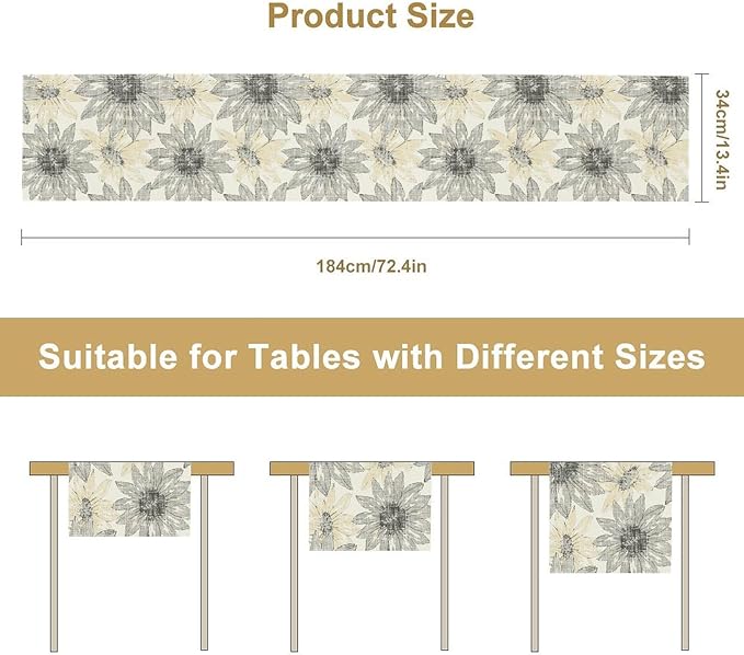 Chrysanthemum Vintage Floral Table Runner, Elegant Grunge Green Sunflower Spring Summer Elegant Pattern Artichokes Flower Table Runner for Party Kitchen Dining Living Room Decor, 13x70 Inch
