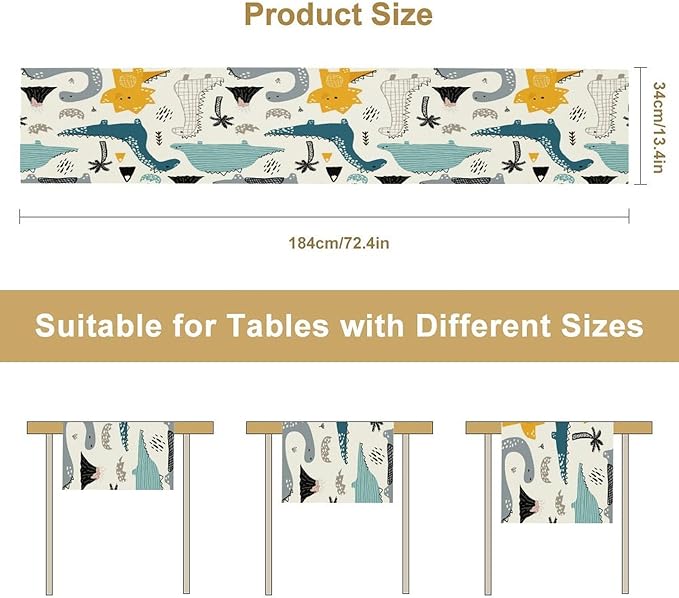 Cartoon Dinosaur Table Runner,Kids Boys Cute Various Dino Moutain Modern Abstract Print Tablecloth Burlap for Hotel Indoors Outdoor Dining Room Kitchen Holiday Party, 13x108in