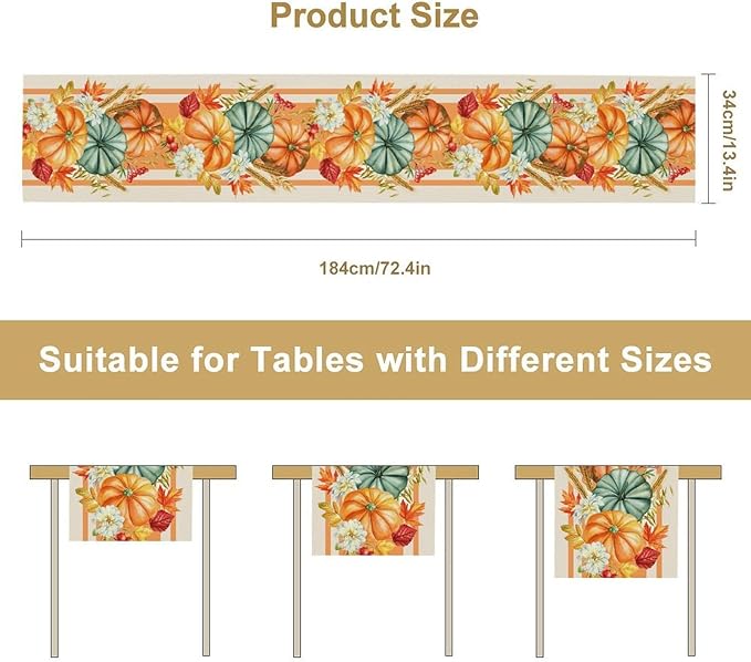 Autumn Table Runner,Orange Pumpkin Flowers Leaves Fall Table Runners Seasonal Kitchen Dining Table Decor for Thanksgiving Harvest Home Holiday Party 13x70 Inch