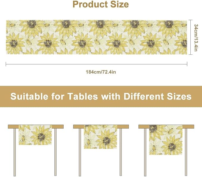 Chrysanthemum Vintage Floral Table Runner, Elegant Grunge Gray Sunflower Spring Summer Elegant Pattern Artichokes Flower Table Runner for Party Kitchen Dining Living Room Decor, 13x60 Inch