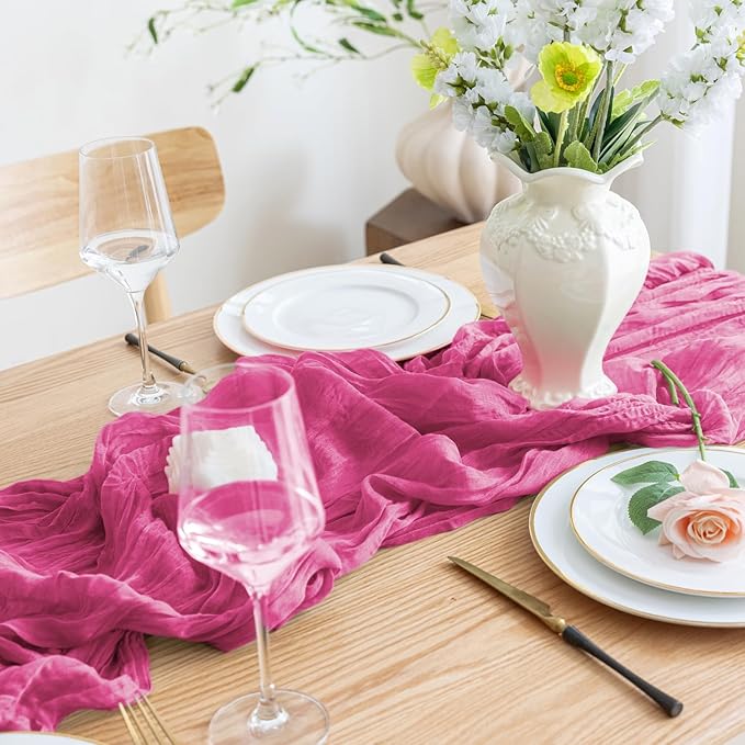 Asee'm 12pcs Cheesecloth Table Runner 120 Inches Long Deep Pink Boho Gauze Cheese Cloth Runner 10FT Rustic Sheer Table Runners for Christmas Wedding Party Baby Shower Spring Easter Decoration
