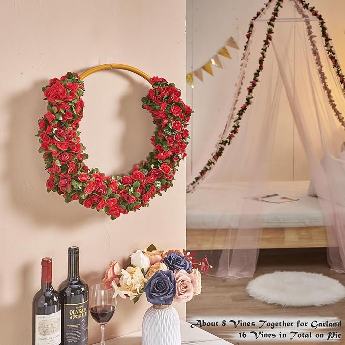 8 Pcs x 8.2 ft Flower Garland Artificial Rose Vine Flowers with Green Leaves Hanging Fake Roses Vine for Room Party Home Wedding Birthday Christmas Wall Arch Decor, Spring Red Flower