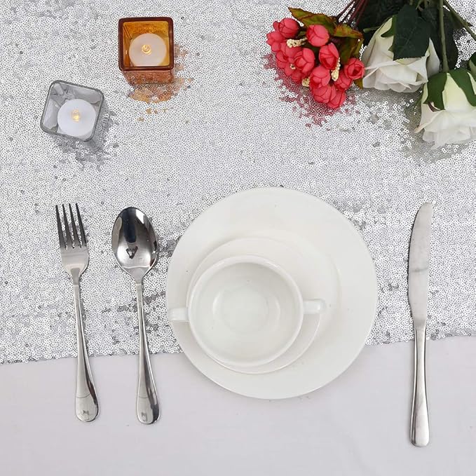 Eternal Beauty Silver Table Runner, 2PCS-12X72 Sequin Table Runner Decorations for Birthday Parties, Banquets, Graduations,Christmas