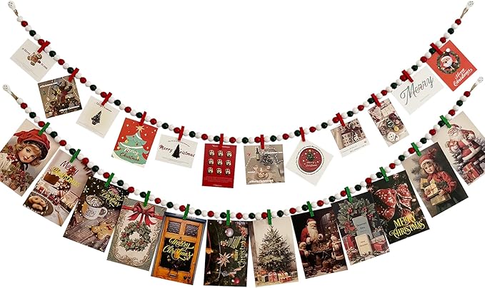 2PCS Christmas Hanging Photo Display with 12 Clips, Wooden Bead Garland, Photo Frame Decoration for Dorms, Classrooms, Bedrooms, Hanging Display Card Holder