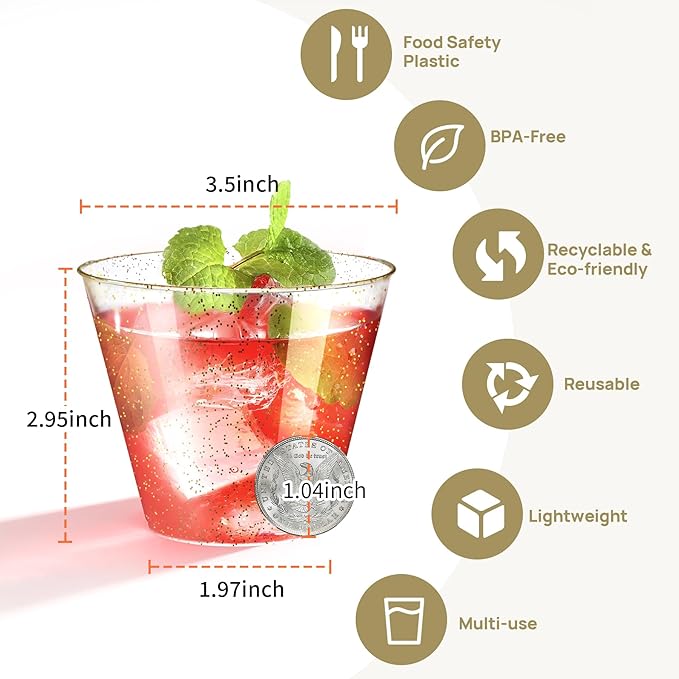 [100 Pack] 9oz Plastic Cups with Gold Glitter Sturdy & Food Safe Disposable Wine Glasses Party Wedding Cups Disposable Drinking Cups Plastic Cocktail Glasses for Wine, Cocktails & Cold Beverages