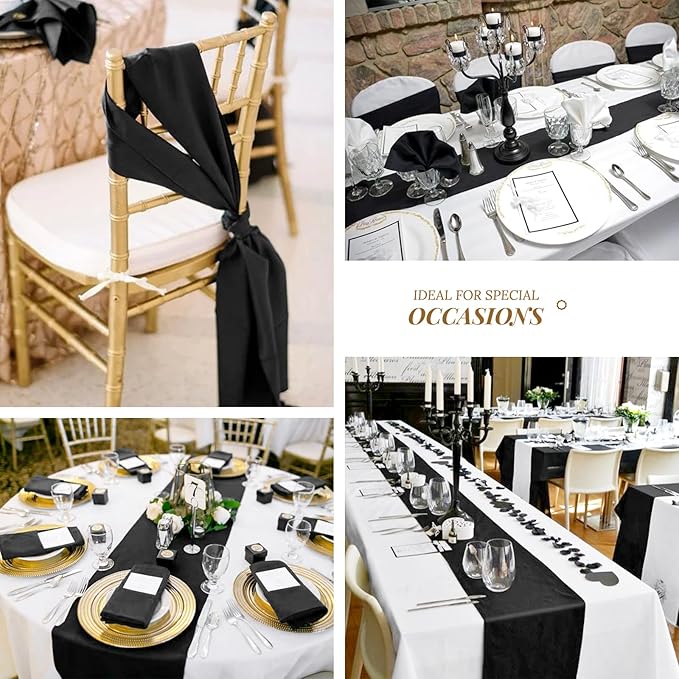 12 Pack Black Satin Table Runner,12 x 108 inch Long Premium Smooth Table Runner for Wedding, Banquets, Birthday, Party, Graduation, Engagements, Table Runners fit Rectangle and Round Table