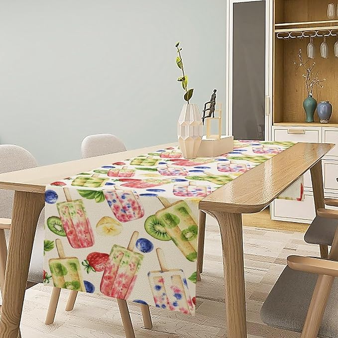 Ice Cream Table Runner, Watercolor Fruit Ice Popsicles Berry Kiwi Cold Summer Desserts Seasonal Dinner Runner for Party Holiday Home Kitchen Dining Table Decor 13"x90"
