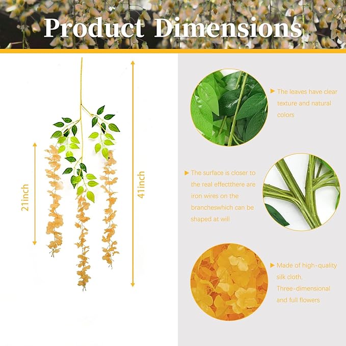 12 Pack Orange Wisteria Hanging Flowers, 3.44 Ft Fake Hanging Flowers, Artificial Wisteria Garland Vines for Wedding Room Backdrop Outdoor Patio Garden Decoration