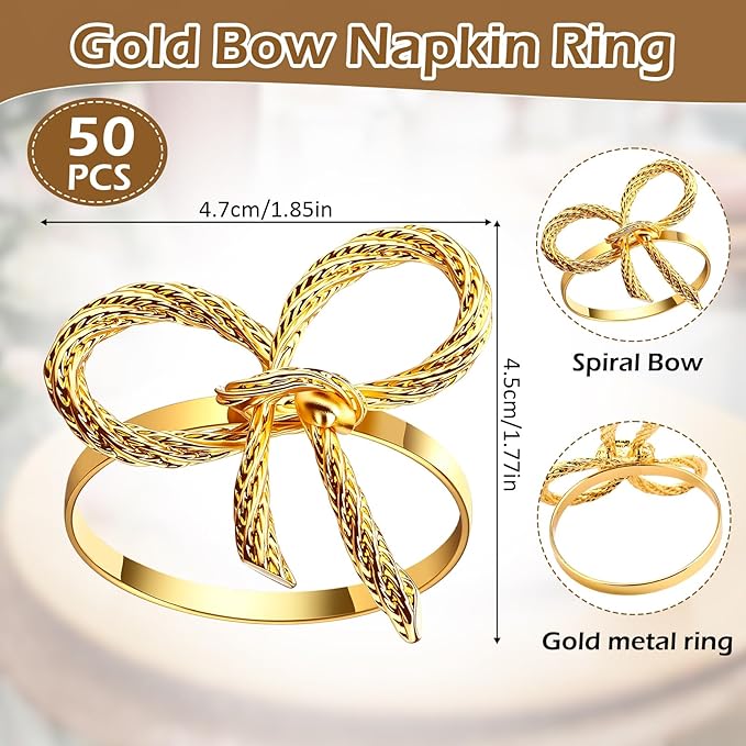 Bokon 50 Pcs Gold Napkin Rings Metal Napkin Holders Rings Bulk for Dining Anniversary Wedding Dinner Birthday Holiday Party Banquet Table Decoration (Bow Tie)