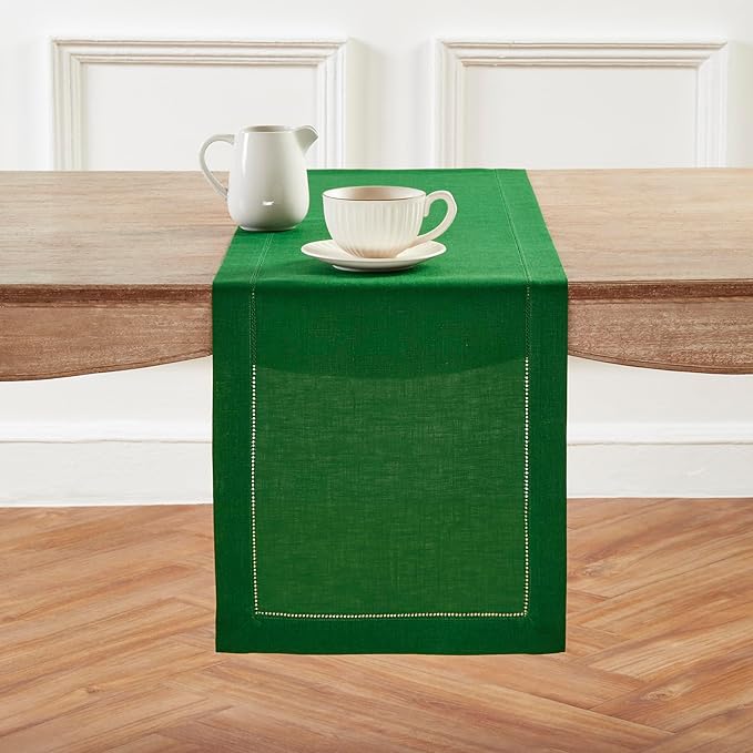 Solino Home Linen Garden Green Table Runner 144 Inches Long - 100% Pure Linen Extra Long Table Runner 14 x 144 Inch for Christmas - Classic Hemstitch