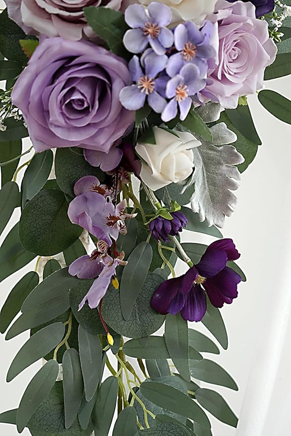 Lilac Artificial Wedding Arch Flowers Kit (Pack of 3) with 26Ft White Shiny Arch Draping Fabric for DIY Wedding Party Ceremony Reception Backdrop Floral Decoration