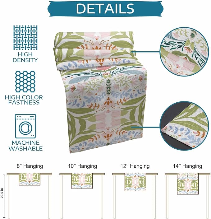 Green Blue Pink Boho Floral Cotton Linen Table Runner for Dining Kitchen, Wedding Outdoor Party Tablerunners Decoration, Retro Bohemian Botanical Dresser Scarf Coffee Tablecloth Runners 13x72 Inches