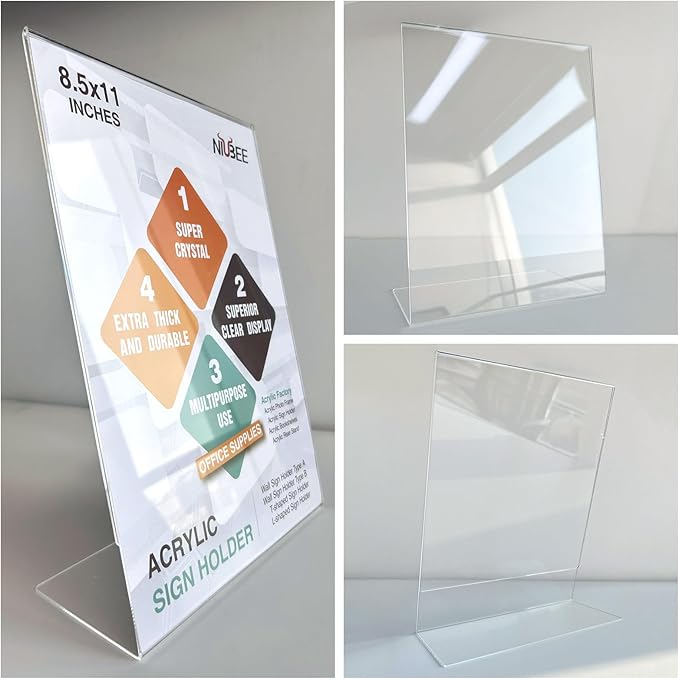 NIUBEE Acrylic Sign Holder 8.5 x 11 Inches Slanted Back, Clear Plastic Sign Holder Paper Display Table Stand for Office, Store, Restaurant (20 Pack)