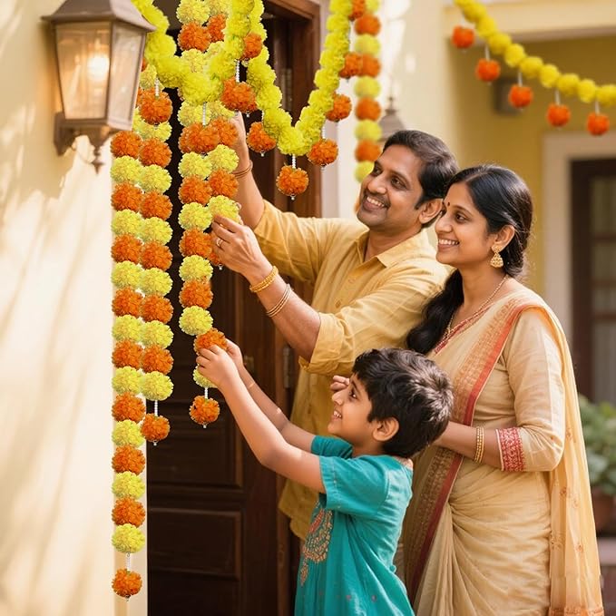 5 Pcs Marigold Garland Diwali Decor Artificial Flowers, 4.5 Feet Artificial Marigold Flowers for Indian Pooja Diwali Home Mantle Decor Wedding Decoration for All Year Decoration (Yellow＆Orange)