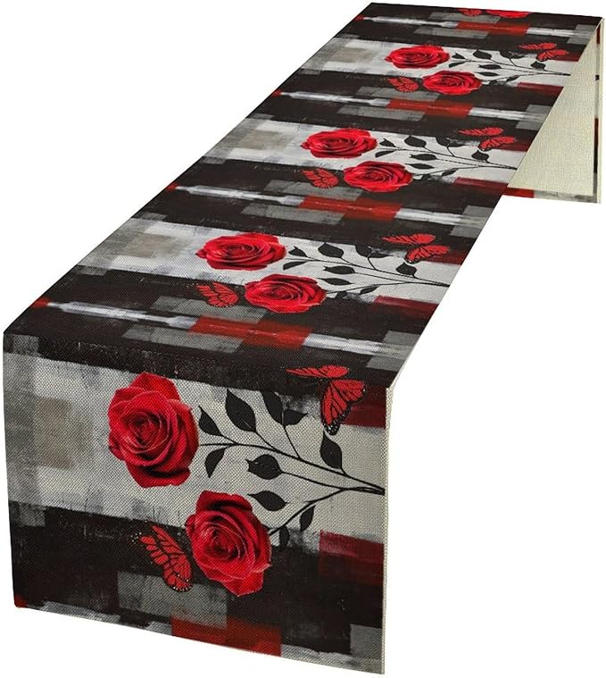 Abstract Art Rose Table Runner, Red Roses Floral Butterfly Black Red Grey Ink Background Pattern Kitchen Dinning Table Runner for Indoor Outdoor Home Wedding Party Holiday, 13x36 Inch