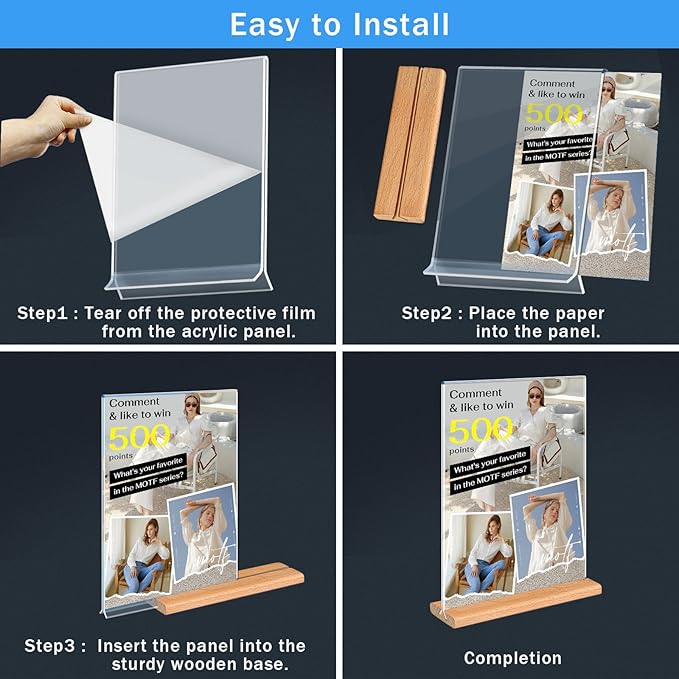 Kersally Acrylic Sign Holder 5 x 7, 6 Pack Double-Sided Clear Table Display Stands with Wood Base,Vertical Acrylic Frame Menu Flyer Paper Holder for Stores, Restaurants, Hotels, Office, Show Fair